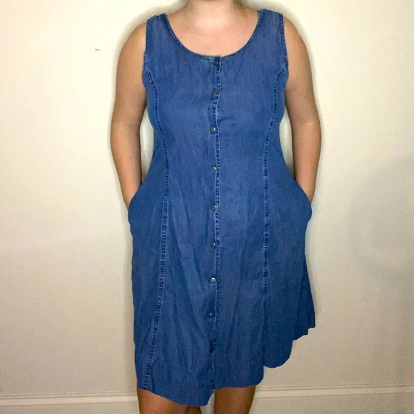 ll bean denim dress Vintage Ll Bean Denim Dress House Dress Blue Button 90s Long Sleeve Cotton Midi